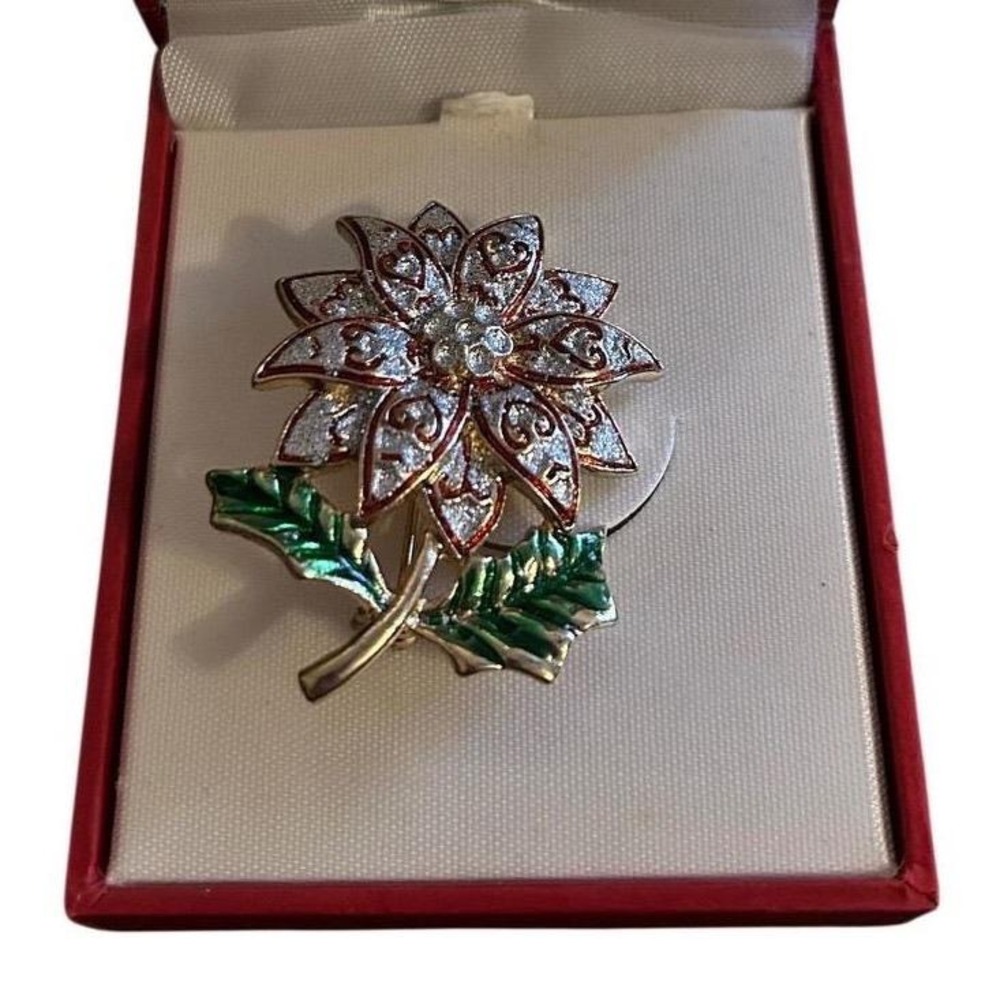 Vintage 1960s Floral Rhinestone Enamel Brooch – Gold Tone‎ Flower Pin